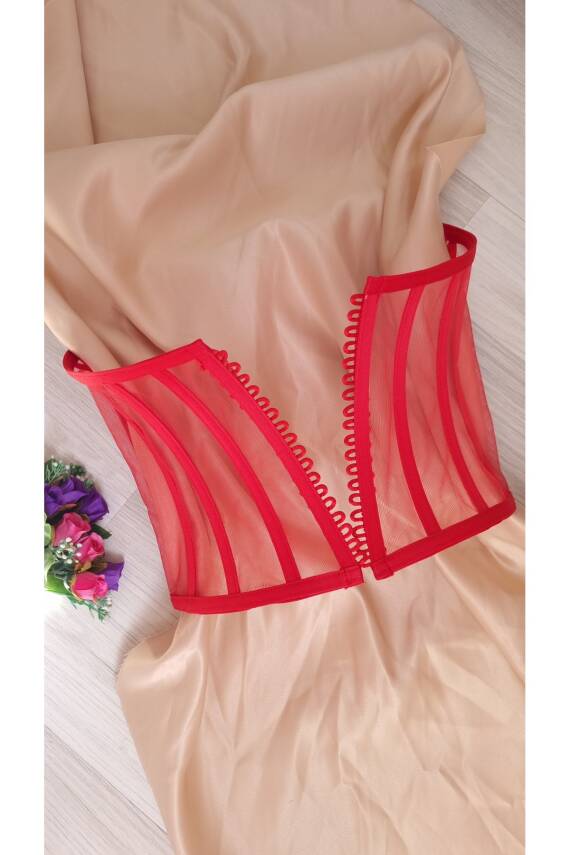 Transparan Korse Büstiyer Hazır Beden Kırmızı - 3