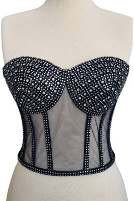 Transparan Korse Büstiyer Işıltılı Kristal Boncuk Süslemeli - 2