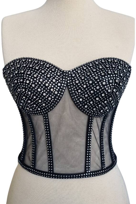 Transparan Korse Büstiyer Işıltılı Kristal Boncuk Süslemeli - 2