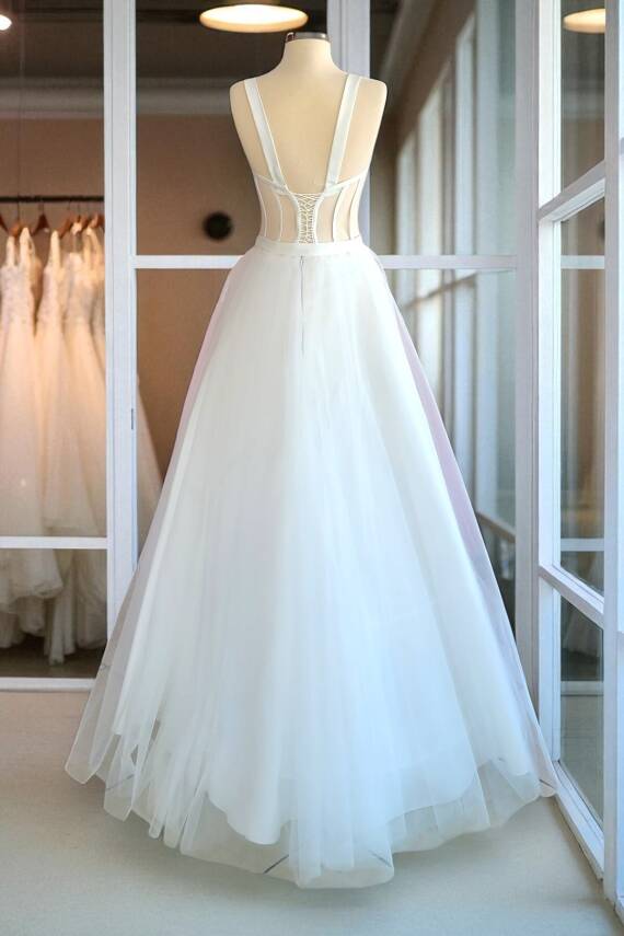 Transparan Maxi Boy Hazır Boş Tül Abiye ve Nikah Elbisesi - 7