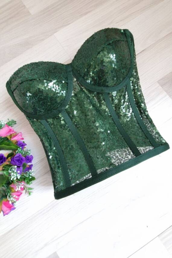 Yeşil Pullu Korse Büstiyer Hazır Beden - 2