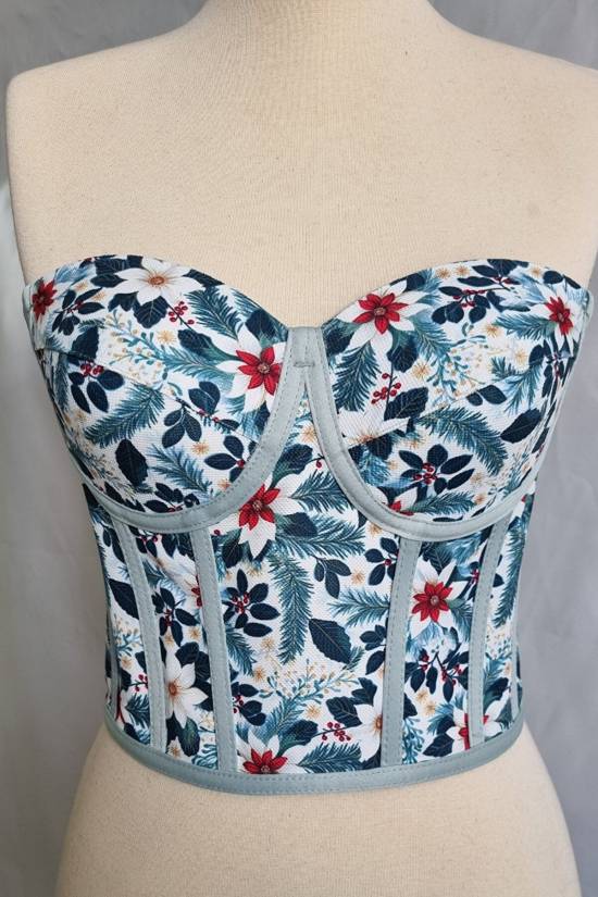 Light Green Floral Patterned Tie-Up Corset Bustier - 2