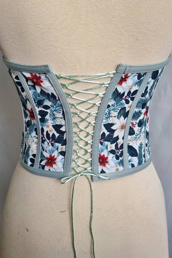 Light Green Floral Patterned Tie-Up Corset Bustier - 3