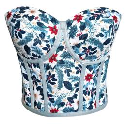 Light Green Floral Patterned Tie-Up Corset Bustier