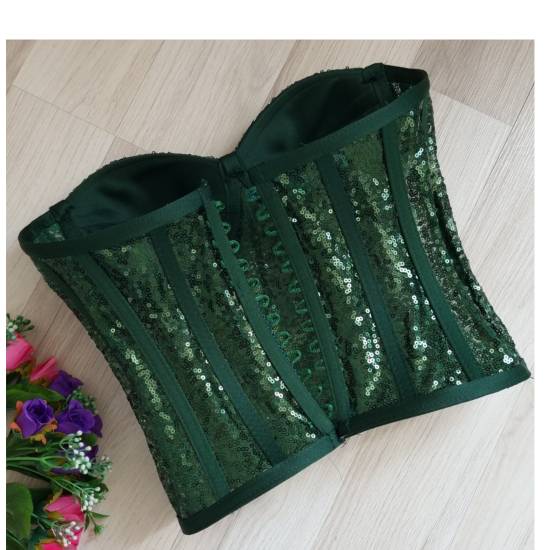 Emerald Green sequin fabric Corset Bustier - 1