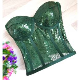 Emerald Green sequin fabric Corset Bustier 